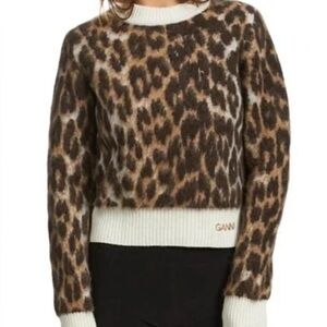 Ganni Leopard Print Crewneck Sweater in Brown and Cream